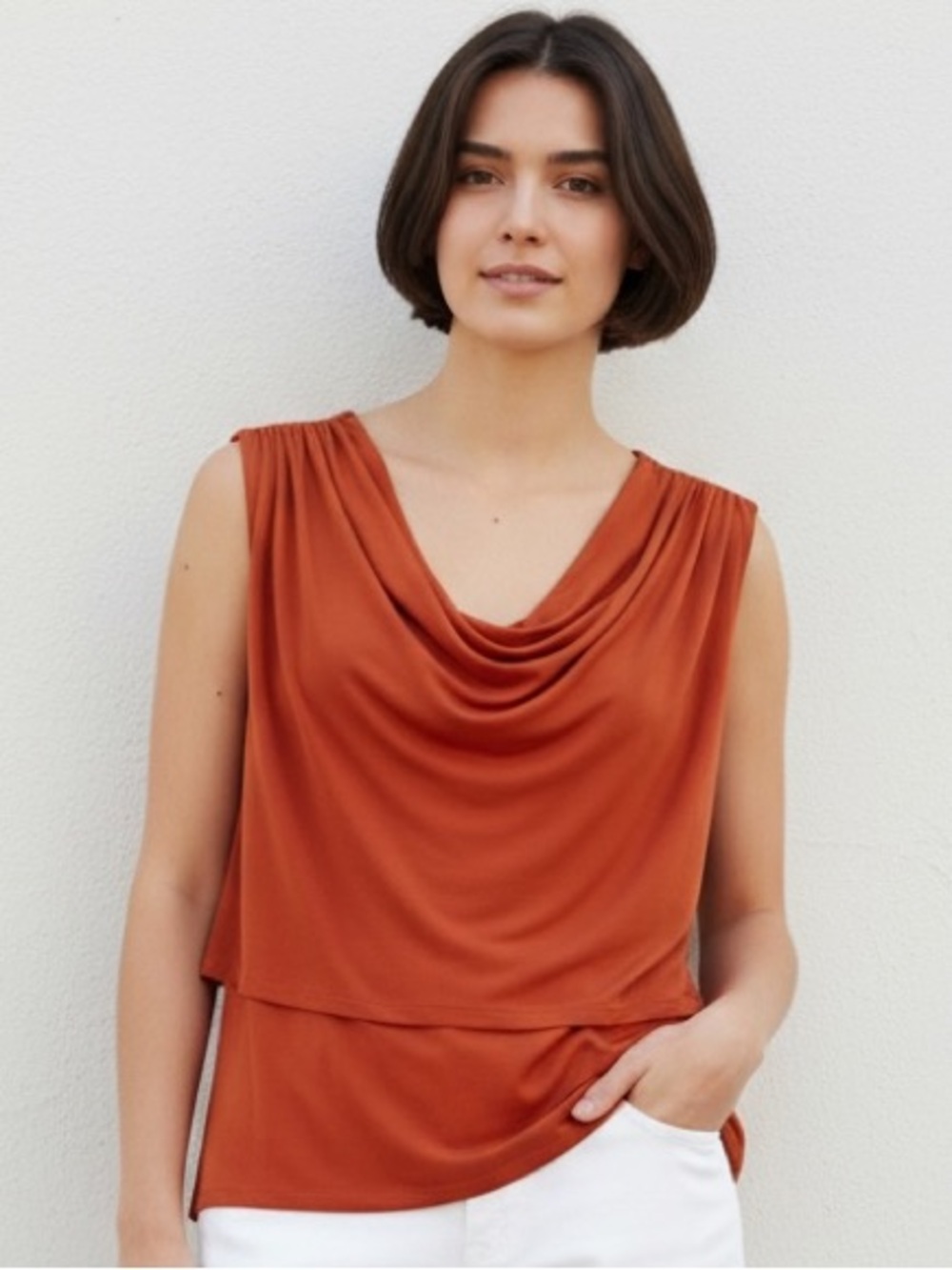 KIM ROGERS BURNT ORANGE SLEEVELESS COWL NECK DRAPED BLOUSE Size M